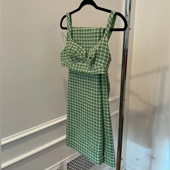 Elegant Green Tweed Checkered Women's Flare Pants and Matching Top - Picture 2 of 4